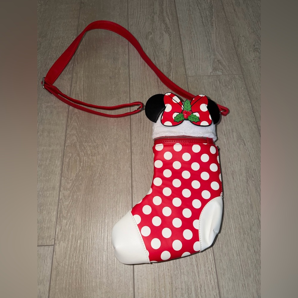Loungefly Disney Red and White Minnie Mouse Polka Dot Stocking Bag
